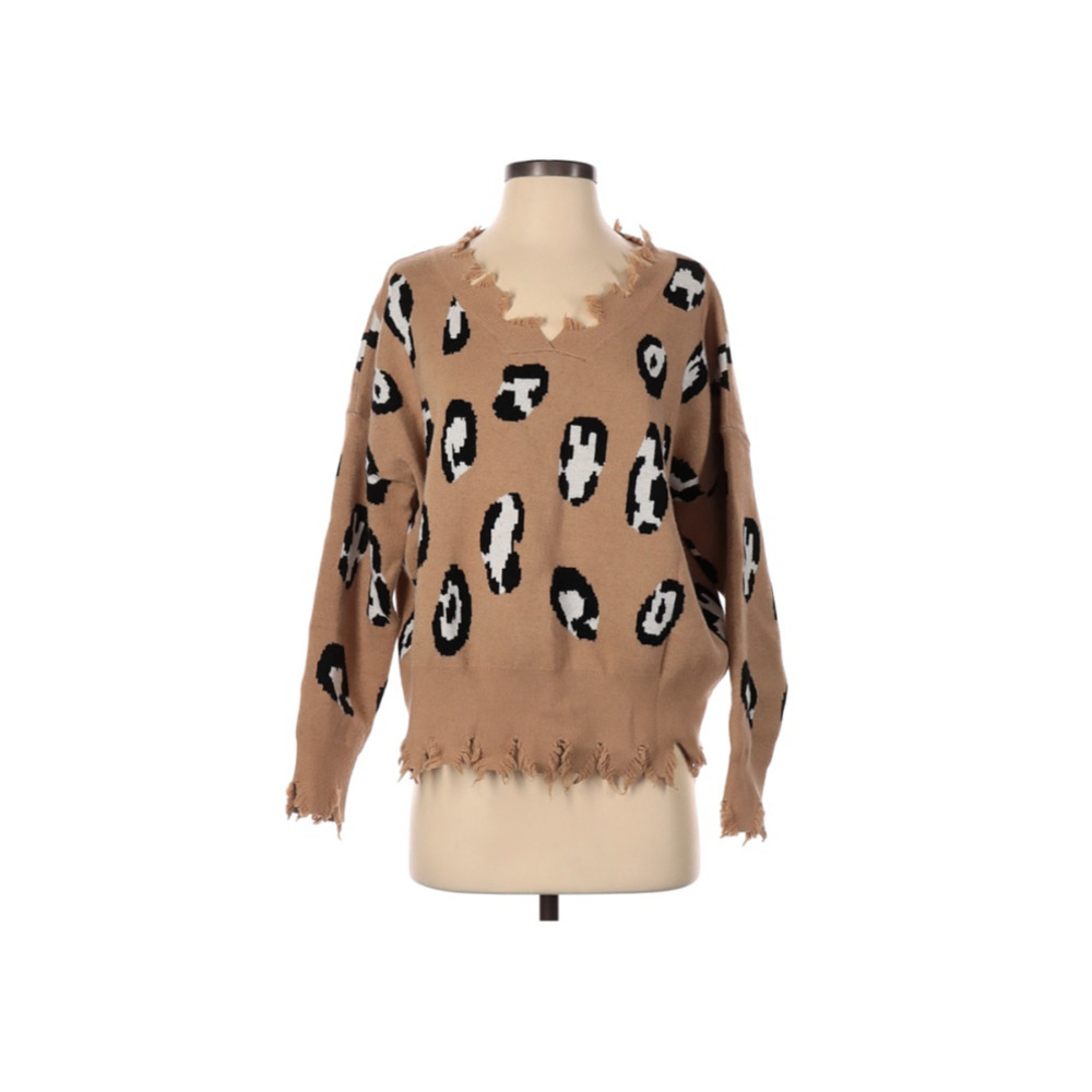 Animal Print V Neck Distressed Sweater